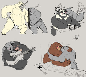 acoustic_guitar anthro armpit_hair asian_clothing belly black_body black_fur blush body_hair brown_body brown_fur bulge clothing cooking east_asian_clothing eyes_closed fundoshi fur group guitar heart_symbol hug humanoid_hands japanese_clothing kissing male male/male moobs musical_instrument nipples overweight overweight_male plucked_string_instrument string_instrument underwear white_body white_fur desertb0ar bear giant_panda mammal polar_bear ursine 2019 hi_res