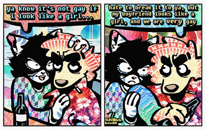 aloha_shirt annoyed anthro beer_bottle black_hair bottle cigarette cigarette_in_mouth clothing container dialogue duo femboy floppy_ears fur hair hair_over_eyes half-closed_eyes male narrowed_eyes object_in_mouth open_mouth open_smile pattern_clothing pattern_shirt pattern_topwear shirt smile smoking_tobacco speech_bubble sweater text topwear white_body white_fur yellow_body yellow_fur rawdawgcomics augie_(rawdawgcomics) stahli_(rawdawgcomics) bird_dog canid canine canis domestic_cat domestic_dog felid feline felis golden_retriever hunting_dog mammal retriever comic english_text