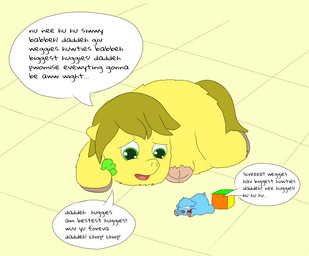 ambiguous_feral ambiguous_gender amputee baby_talk blonde_hair blood blood_from_wound blue_body blue_fur bodily_fluids crying dialogue disability eyes_closed feral fur gore green_body green_eyes green_fur group hair hooves looking_at_another lying narrowed_eyes neonate on_front open_mouth simple_background smile tail tears text toy_block trio wounded yellow_body yellow_fur yellow_tail young young_ambiguous young_feral carpdime fluffy_pony fluffy_pony_(species) mammal 2014 digital_media_(artwork) english_text intralingual_translation