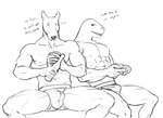 abs alcohol anthro beer beverage biceps bulge butt clothing dialogue duo gaming legwear male muscular muscular_male nipples obliques pecs ribs thigh_highs triceps tush_(artist) julius_(tush) lifeguard_(tush) bull_terrier canid canine canis domestic_dog hunting_dog mammal marine pinniped seal terrier monochrome