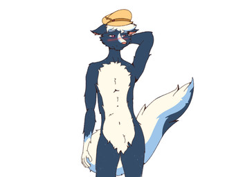 anthro blue_body blue_fur blue_tail blush blushing_profusely chest_fur clothing crotch_tuft embarrassed erect_tail flat_cap fur hair hat headgear headgear_only headwear headwear_only landscape looking_aside looking_away male mostly_nude nude null pink_nose red_eyes simulated_traditional_(artwork) solo tail tuft white_body white_fur white_hair white_tail misutaaurufu animal_crossing nintendo kicks_(animal_crossing) mammal mephitid skunk striped_skunk 4:3 digital_drawing_(artwork) digital_media_(artwork) graphite_(artwork) hi_res signature traditional_media_(artwork)