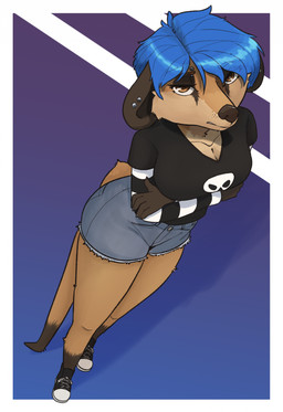 anthro blue_hair breasts cleavage clothed clothing crossed_arms dark_ears dark_nose dipstick_tail ear_piercing eye_markings eyebrow_piercing facial_piercing female foreshortening hair high-angle_view markings piercing skull_shirt snout solo striped_sleeves tail tail_markings yellow_eyes katahdin sam_(katahdin) herpestid mammal meerkat hi_res