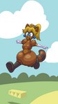 anthro blonde_hair blue_eyes breasts crown female flying hair headgear open_mouth outside solo tempestryder mario_bros nintendo princess_peach canid canine mammal raccoon_dog tanuki