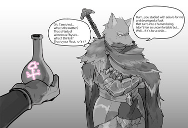 anthro armor cloak clothed clothing dialogue gender_symbol gradient_background holding_object holding_potion male melee_weapon offscreen_character potion potion_label simple_background solo sword symbol teeth text underbite weapon buta99 elden_ring fromsoftware blaidd_(elden_ring) canid canine canis mammal wolf absurd_res digital_media_(artwork) english_text hi_res