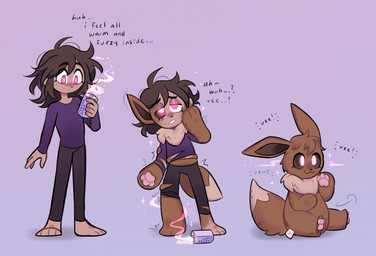 anthro_to_feral beverage brown_body clothed clothing ear_expansion expansion fabric fabric_tag feral growth inanimate_transformation loss_of_speech male mane nude pawpads plushie plushie_transformation pokemon_speak seam_(sewing) shrinking simple_background sitting size_transformation solo species_transformation standing tail tail_growth text torn_clothing transformation transformation_sequence dreamlite nintendo pokemon animate_inanimate eevee generation_1_pokemon human living_plushie mammal pokemon_(species) english_text hi_res