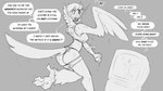 anthro beak bodily_fluids bra breasts clothing dialogue electronics exercise feathered_wings feathers female human_to_anthro solo species_transformation speech_bubble sports_bra sweat tail tail_feathers television text transformation underwear winged_arms wings workout watsup final_fantasy square_enix avian bird chocobo 16:9 2023 english_text greyscale monochrome sketch widescreen