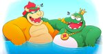 anthro bathing belly crown duo eyes_closed green_body headgear horn laugh male overweight overweight_male teeth toony water leothelionel mario_bros nintendo super_mario_bros._2 bowser wart_(mario) koopa scalie 2020