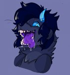 anthro blue_body blue_eyes blue_fur bodily_fluids drooling fur male mouth_shot open_mouth purple_tongue saliva smile solo tongue bloowolfy canid canine mammal 2022 bust_portrait hi_res portrait