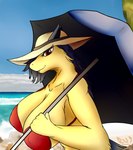 anthro beach big_breasts blue_body blue_fur breasts clothing cute_fangs detailed_background ears_back fangs female fur hat headgear headwear holding_object looking_at_viewer pivoted_ears red_eyes seaside smile smiling_at_viewer solo swimwear teeth umbrella yellow_body yellow_fur rusoide nintendo pokemon generation_2_pokemon pokemon_(species) typhlosion hi_res