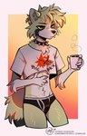 anthro beverage blank_expression clothing collar crop_top fluffy fluffy_tail half-closed_eyes holding_beverage holding_object male narrowed_eyes scratching_self shirt solo spiked_collar spikes tail topwear underwear duskihorns ailurid mammal red_panda absurd_res hi_res