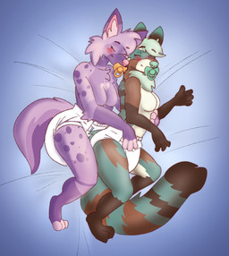 abdl ageplay anthro anthro_on_anthro bedding bedding_background black_body black_fur blush breasts brown_body brown_fur cheek_tuft closed_smile clothed clothing diaper duo eyes_closed facial_tuft featureless_breasts female female/female female_anthro fur gloves_(marking) hair infantilism leg_markings lying markings mouth_closed object_in_mouth on_side pacifier pacifier_in_mouth purple_body purple_fur purple_hair roleplay side_view sleeping smile socks_(marking) spotted_arms spotted_legs striped_markings striped_tail stripes tail tail_markings teal_body teal_fur teal_hair teal_nose topless tuft wearing_diaper white_diaper hardscales mammal procyonid raccoon species_request hi_res