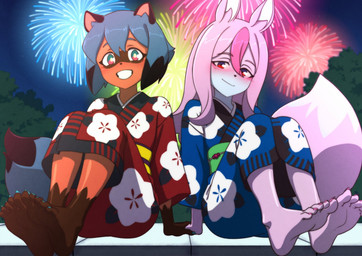 asian_clothing barefoot blue_clothing blue_hair blue_kimono blue_tail blush brown_body brown_fur clothed clothing colored_nails detailed_background duo east_asian_clothing facial_markings feet female fireworks fluffy fluffy_tail foot_focus fur gloves_(marking) hair hand_holding head_markings humanoid_feet japanese_clothing kimono leg_markings looking_at_viewer markings mask_(marking) nails night outside pink_body pink_fur pink_hair plant plantigrade red_clothing red_kimono sitting sky smile socks_(marking) soles tail toes tree tanquito brand_new_animal studio_trigger michiru_kagemori nazuna_hiwatashi canid canine fox mammal raccoon_dog tanuki 2025 hi_res