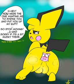 ambiguous_gender anal anal_penetration anal_vore backsack balls big_butt blush bodily_fluids butt dialogue duo feet feral genitals male male_pred micro musk musk_clouds musky_balls musky_butt nude open_mouth penetration size_difference sweat tail text vore yellow_body afraidpichu nintendo pokemon apple_the_pichu felid feline generation_1_pokemon generation_2_pokemon legendary_pokemon mammal mew_(pokemon) pichu pokemon_(species) digital_media_(artwork) english_text hi_res