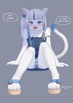 anthro blue_eyes blush breasts clothed clothing female flip_flops footwear fur hair multicolored_body multicolored_fur panties panty_shot sandals sharp_teeth shoes skinny slim_female small_breasts smug_face solo speech_bubble suggestive_pose teeth underwear white_body white_fur white_hair call_me_ink hololive hololive_en vtuber gawr_gura felid feline mammal absurd_res hi_res