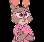 alpha_channel ambiguous_gender anthro claws clothed clothing crossed_arms disney front_view frown fur grey_body grey_fur hi_res judy_hopps lagomorph leporid looking_at_viewer mammal mod_lemon pink_nose purple_eyes rabbit sad scut_tail shirt short_tail simple_background solo tail topwear transparent_background zootopia
