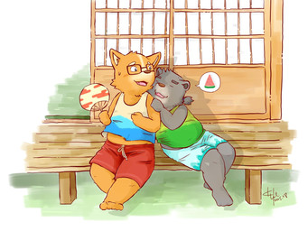 anthro blush bottomwear clothing cute_fangs duo eyes_closed eyewear fangs glasses humanoid_hands male shirt shorts sitting slightly_chubby teeth topwear fatkylefat bear canid canine canis domestic_dog mammal 2015 4:3 hi_res
