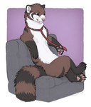 anthro chair female furniture looking_down necktie nude pawpads sitting solo woozel fret mammal mustelid musteline stoat true_musteline weasel