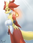 anthro big_breasts breasts featureless_breasts female fire inner_ear_fluff looking_at_viewer orange_eyes red_body solo tuft wand myssedakes nintendo pokemon delphox generation_6_pokemon pokemon_(species) absurd_res hi_res