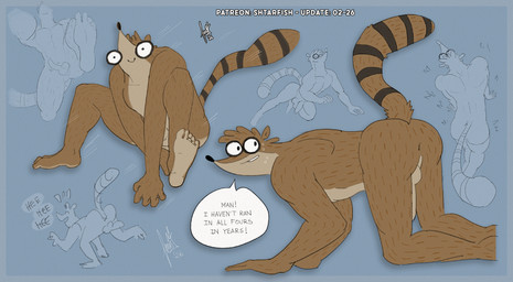 all_fours anthro anus athletic athletic_anthro athletic_male balls bodily_fluids butt cannonball_dive crawling feet funny_face genitals high-angle_view laugh low-angle_view male motion_lines multiple_poses muscular muscular_anthro muscular_male nude penis pose raised_tail sitting smile soles solo speech_bubble stretching sweat swinging_penis tail text toes shtarfish cartoon_network regular_show don_(regular_show) mammal procyonid raccoon english_text hi_res