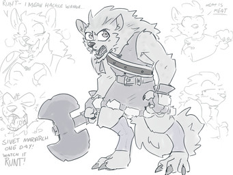 anthro axe blush clothing eyebrows feet female fingerless_gloves gloves handwear hindpaw melee_weapon open_mouth paws raised_eyebrow solo text weapon spinater blizzard_entertainment warcraft gnoll hyena mammal 4:3 hi_res monochrome