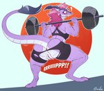 anthro anus biped blush bodily_fluids butt clothing dragon exercise female genitals goolee hair mythological_creature mythological_scalie mythology pink_hair purple_body pussy rear_view scalie solo sweat tail tail_tuft tuft wardrobe_malfunction weightlifting workout