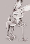 3_toes 4_fingers anthro crossed_arms dipstick_ears ear_markings feet female fingers flat_chested fur grey_background hoe leaning leaning_forward leaning_on_object looking_at_viewer multicolored_ears nude scut_tail short_tail simple_background solo tail toes tongue tongue_out tools fuchs disney zootopia judy_hopps lagomorph leporid mammal rabbit hi_res monochrome sketch traditional_media_(artwork)