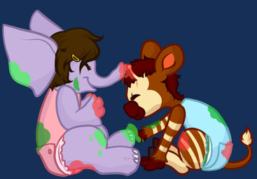ambiguous_gender anthro baby_bodysuit clothed clothing diaper diaper_under_clothing duo fur hair onesie simple_background sitting snapsuit toddler transparent_background young young_on_young monsterbunny elephant elephantid mammal proboscidean 2015 alpha_channel archived_source digital_drawing_(artwork) digital_media_(artwork)