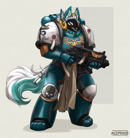 4_ears 4_eyes adeptus_astartes anthro armor blue_body blue_fur bolter explosives fur grenade gun holding_object holding_weapon horn machine male multi_ear multi_eye power_armor ranged_weapon simple_background solo space_marine tail visor weapon white_background white_body white_fur aceprikis warhammer_(franchise) warhammer_40000 major039 protogen absurd_res hi_res