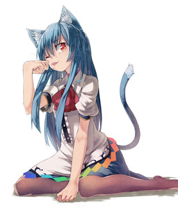 alternate_species black_clothing black_legwear black_pantyhose blue_bottomwear blue_clothing blue_hair blue_skirt blue_tail bottomwear clothed clothed_female clothed_humanoid clothing female hair legwear licking licking_lips licking_own_lips one_eye_closed pantyhose paw_pose pose red_eyes shirt simple_background skirt smile solo tail tongue tongue_out topwear whiskers white_background white_clothing white_shirt white_topwear ibuki_notsu touhou tenshi_hinanawi animal_humanoid cat_humanoid felid felid_humanoid feline feline_humanoid humanoid mammal mammal_humanoid hi_res