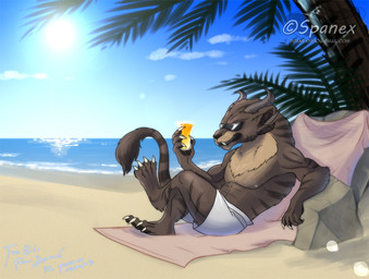 abs alcohol anthro beach beach_towel beverage bottomwear bright chest_tuft claws clothed clothing cloud detailed_background eyewear fangs foam food fur glare glass grin horn male muscular muscular_anthro muscular_male outside paws plant relaxing rock sand sea seaside shadow shorts sky smile solo stripes sun sunglasses teeth text toe_claws topless towel tuft water spanex guild_wars charr felid mammal