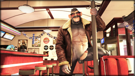 anthro aviator_glasses balls beard clothed clothing diner eyewear facial_hair genitals glasses jacket male muscular muscular_male nude partially_clothed penis public public_nudity restaurant retro seat solo tattoo topwear ai_assisted sky_chaser epic_games fortnite j.b._chimpanski ape haplorhine mammal primate 16:9 3d_(artwork) digital_media_(artwork) hi_res source_filmmaker_(artwork) widescreen