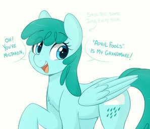 blue_body blue_fur cutie_mark dialogue eye_through_hair feathered_wings feathers female feral folded_wings fur hair holidays mane open_mouth open_smile simple_background smile solo talking_to_viewer teal_mane toony translucent translucent_hair white_background wings higglytownhero april_fools'_day friendship_is_magic hasbro my_little_pony mythology sprinkle_medley_(mlp) equid equine mammal mythological_creature mythological_equine pegasus