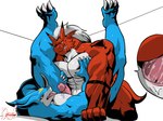 3_toes abs anal anal_penetration anthro anthro_on_anthro anthro_penetrated anthro_penetrating anthro_penetrating_anthro anvil_position biceps biped blue_body blue_skin bodily_fluids claws duo erection feet from_front_position genital_fluids genitals glans hair horn humanoid_genitalia humanoid_penis inside legs_over_shoulders legs_up male male/male male_penetrated male_penetrating male_penetrating_male markings muscular muscular_anthro muscular_male nude open_mouth paws pecs penetration penile penile_penetration penis penis_in_ass precum precum_on_penis red_body red_eyes red_skin sex simple_background tail toe_claws toes white_background white_hair yellow_eyes masterelrest bandai_namco digimon digimon_(species) exveemon growlmon 4:3 digital_drawing_(artwork) digital_media_(artwork) hi_res