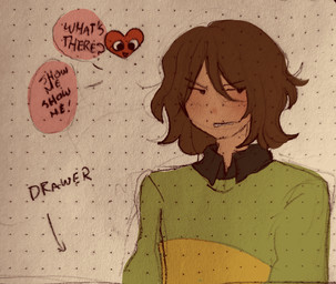 ambiguous_gender black_clothing black_shirt black_topwear brown_hair clothing dialogue dot_eyes duo embarrassed freckles green_clothing green_sweater green_topwear hair half-closed_eyes heart_symbol looking_down narrowed_eyes shirt simple_eyes smile speech_bubble sweater tan_body tan_skin text topwear yellow_clothing yellow_sweater yellow_topwear sillysadduck deltarune undertale_(series) kris_dreemurr soul_(deltarune) human mammal soul_(undertale) english_text hi_res nonbinary_(lore)