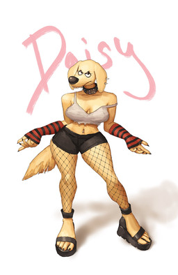 4_toes 5_fingers anthro arm_warmers armwear bare_shoulders big_breasts black_nails bottomwear breasts cleavage clothed clothing collar colored_nails ear_piercing feet female fingerless_gloves fingers fishnet_clothing fishnet_legwear footwear fur gloves handwear legwear looking_at_viewer midriff nails narrowed_eyes navel navel_piercing off_shoulder overbite piercing sandals shoes shorts simple_background solo spiked_collar spikes thick_thighs toes white_background wide_hips yellow_body yellow_fur redustheriotact daisy_(johnnytostado) canid canine canis domestic_dog mammal 2023 hi_res