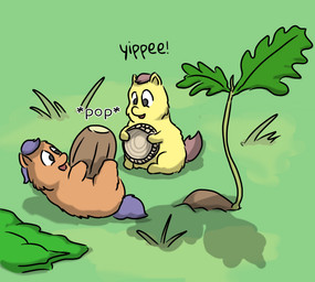 acorn ambiguous_feral ambiguous_gender brown_body brown_fur dialogue duo featureless_hands featureless_legs feral food fruit fur grass grey_eyes grey_hair grey_tail hair happy holding_object leaf micro nut_(fruit) onomatopoeia open_mouth plant purple_hair purple_tail sitting sound_effects tail text yellow_body yellow_fur young young_ambiguous young_feral carpdime fluffy_pony fluffy_pony_(species) mammal microfluff digital_media_(artwork) english_text shaded