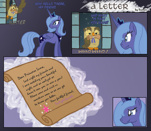 blue_body blue_feathers blue_hair brown_body brown_feathers cutie_mark feathered_wings feathers female feral hair horn letter long_hair quadruped scroll smile tail text wings feather-chan friendship_is_magic hasbro my_little_pony mythology owlowiscious_(mlp) princess_luna_(mlp) avian bird equid equine mammal mythological_creature mythological_equine owl winged_unicorn comic english_text