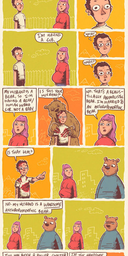 anthro biped bite black_bottomwear black_clothing black_nose black_pants blood blue_clothing blue_shirt blue_topwear bodily_fluids body_shaming bottomwear breasts circle_eyebrows claws clothed clothing denim denim_bottomwear denim_clothing detailed_background dialogue dot_eyes duo eyebrows fangs fat_shaming female feral fully_clothed gesture gore hair hand_gesture humiliation humor jeans looking_at_another male open_mouth outline pants pointing pregnant pregnant_female pregnant_human purple_hair red_clothing red_shirt red_topwear shirt short_hair simple_background simple_eyes slightly_chubby slightly_chubby_anthro slightly_chubby_male smile speech_bubble standing sweater teeth text thin_eyebrows thought_bubble topwear turtleneck white_clothing white_shirt white_topwear yellow_background neil_kohney the_other_end bear human mammal 2023 absurd_res artist_name comic english_text hi_res shaded warm_colors