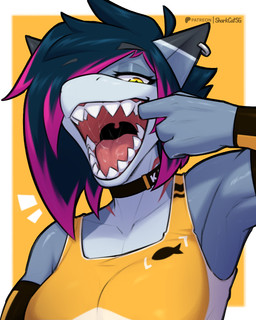 anthro biped bodily_fluids breasts clothed clothed_anthro clothed_female clothing collar countershade_torso countershading ear_piercing female fingers front_view gaping_mouth hair highlights_(coloring) looking_at_viewer mouth_shot open_mouth piercing pulling_mouth saliva sharp_teeth simple_background solo teeth tongue uvula sharkcatsg kayla_fish aquatic fish shark 2026 4:5 absurd_res digital_drawing_(artwork) digital_media_(artwork) hi_res