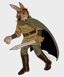 accessory alternate_species anthro beard belt boots bottomwear brown_boots brown_clothing brown_eyes brown_footwear cape clothing facial_hair footwear furrification green_cape green_clothing hair headband holding_melee_weapon holding_object holding_sword holding_weapon male melee_weapon mustache pants red_hair shoes simple_background solo sword weapon white_background clawheld dragonlance dungeons_and_dragons hasbro wizards_of_the_coast tanis_half-elven lagomorph leporid mammal rabbit 2024 dated hi_res signature
