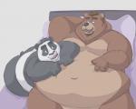 2019 anthro bear bed belly brown_body brown_fur butt captainjusticevirtsuoso duo fur furniture giant_panda hi_res humanoid_hands justicecaptainv lying male male/male mammal moobs navel overweight overweight_male