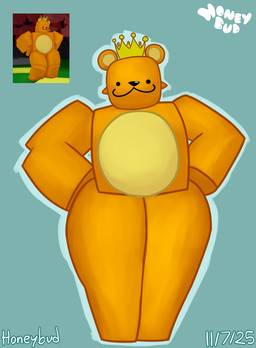:3 anthro blush crown fur hands_on_hips headgear huge_hips huge_thighs looking_at_viewer male orange_body orange_fur simple_background solo standing thick_thighs wide_hips yellow_body yellow_fur honeybud roblox fan_character twinkie_(honeybud) hi_res reference_image