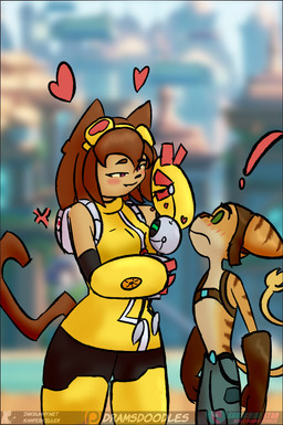 anthro blush bottomwear brown_body brown_hair clothed clothing eyewear eyewear_on_head female fingers fur goggles goggles_on_head group hair harness headgear heart_symbol holding_another hug machine male narrowed_eyes pants simple_background smile standing stripes tail topless topless_anthro topless_male trio yellow_body yellow_fur kamperkiller gameoverse glitch_productions ratchet_and_clank sony_corporation sony_interactive_entertainment clank_(ratchet_and_clank) kaboodle_(gameoverse) kit_bodega ratchet_(ratchet_and_clank) domestic_cat felid feline felis lombax mammal robot crossover digital_media_(artwork) hi_res