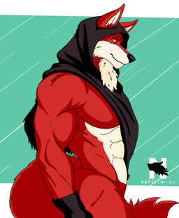 abs anthro black_nose bottomless clothed clothing fur hood male muscular muscular_male red_body red_eyes red_fur side_view solo white_body white_fur yellow_sclera zangokunatenshi dragon_ball dragon_ball_super basil_(dragon_ball) canid canine canis mammal wolf hi_res