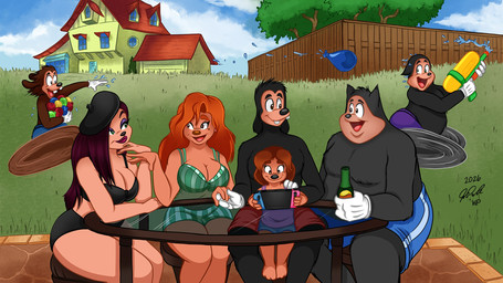 anthro bikini bottle clothing container female group hair male overweight overweight_male red_hair sitting slightly_chubby swimwear toy toy_gun two-piece_swimsuit water_gun peterandwhitney disney goof_troop nintendo nintendo_switch beret_girl fan_character max_goof pj_(goof_troop) roxanne_rover canid canine canis domestic_dog mammal 2026 hi_res