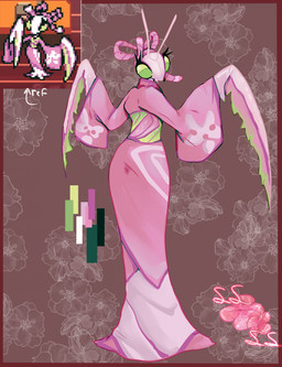 antennae_(anatomy) anthro asian_clothing big_eyes border brown_border clothed clothed_anthro clothed_female clothing color_swatch directional_arrow east_asian_clothing empty_eyes eyelashes female female_anthro floral_background floral_print flower green_sclera japanese_clothing kimono logo long_eyelashes mandibles mantis_arms obi pink_body pink_clothing pink_kimono pink_rope plant rope slim_anthro slim_female small_waist solo thick_eyelashes wide_sleeves ssleepyflowers deltarune undertale_(series) mantis_(deltarune) arthropod darkner insect mantis 2026 artist_logo digital_drawing_(artwork) digital_media_(artwork) english_description full-length_portrait hi_res portrait reference_image watermark