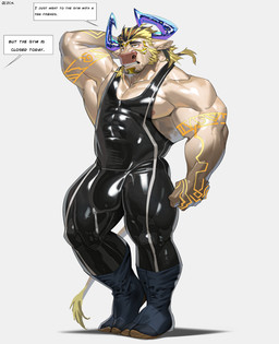 2_horns anthro big_bulge black_clothing black_latex blonde_hair bodily_fluids bulge clothed clothed_anthro clothed_male clothing dialogue genital_fluids hair horn latex latex_clothing male markings muscular muscular_anthro muscular_male precum precum_through_clothing solo speech_bubble tail text thick_thighs wet wet_clothing yellow_markings cxcxxcxxxx bovid bovine cattle mammal 2026 absurd_res english_text hi_res