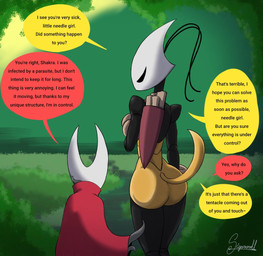 antennae_(anatomy) anthro arthropod_abdomen big_butt biped black_body bubble_butt butt dialogue duo female horn imminent_rape imminent_sex infected larger_anthro larger_female looking_down looking_down_at_another map map_holder moss parasite plant size_difference smaller_anthro smaller_female speech_bubble tentacles text wide_hips yellow_body sigorordl886 hollow_knight:_silksong hollow_knight_(franchise) team_cherry greyroot hornet_(hollow_knight) shakra_(hollow_knight:_silksong) arachnid arthropod insect spider tentacle_creature 2025 english_text