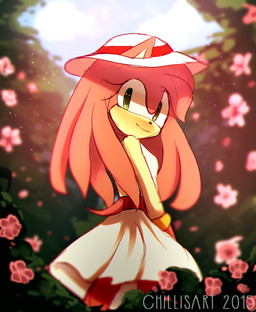alternate_costume alternate_hairstyle anthro clothing depth_of_field dress female flower fur green_eyes hair hat headgear headwear long_hair outside pink_body pink_fur pink_hair plant smile solo white_clothing white_dress spacecolonie sega sonic_the_hedgehog_(series) amy_rose eulipotyphlan hedgehog mammal 2015