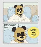 anthro bed bedding black_ears black_hands black_nose blanket brown_body brown_eyes brown_fur clothing dialogue eyebrows eyes_always_closed eyes_closed frown fur furniture grey_clothing grey_shirt grey_topwear male pillow shirt simple_background standing text thick_eyebrows topwear whisker_spots p_rindustries p_rindustries_(p_rindustries) canid canine mammal raccoon_dog tanuki comic english_text signature
